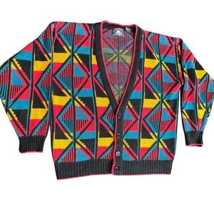 Atlantic Traders Vintage Geometric Cardigan Sweater Mens Medium Multicolor 80s